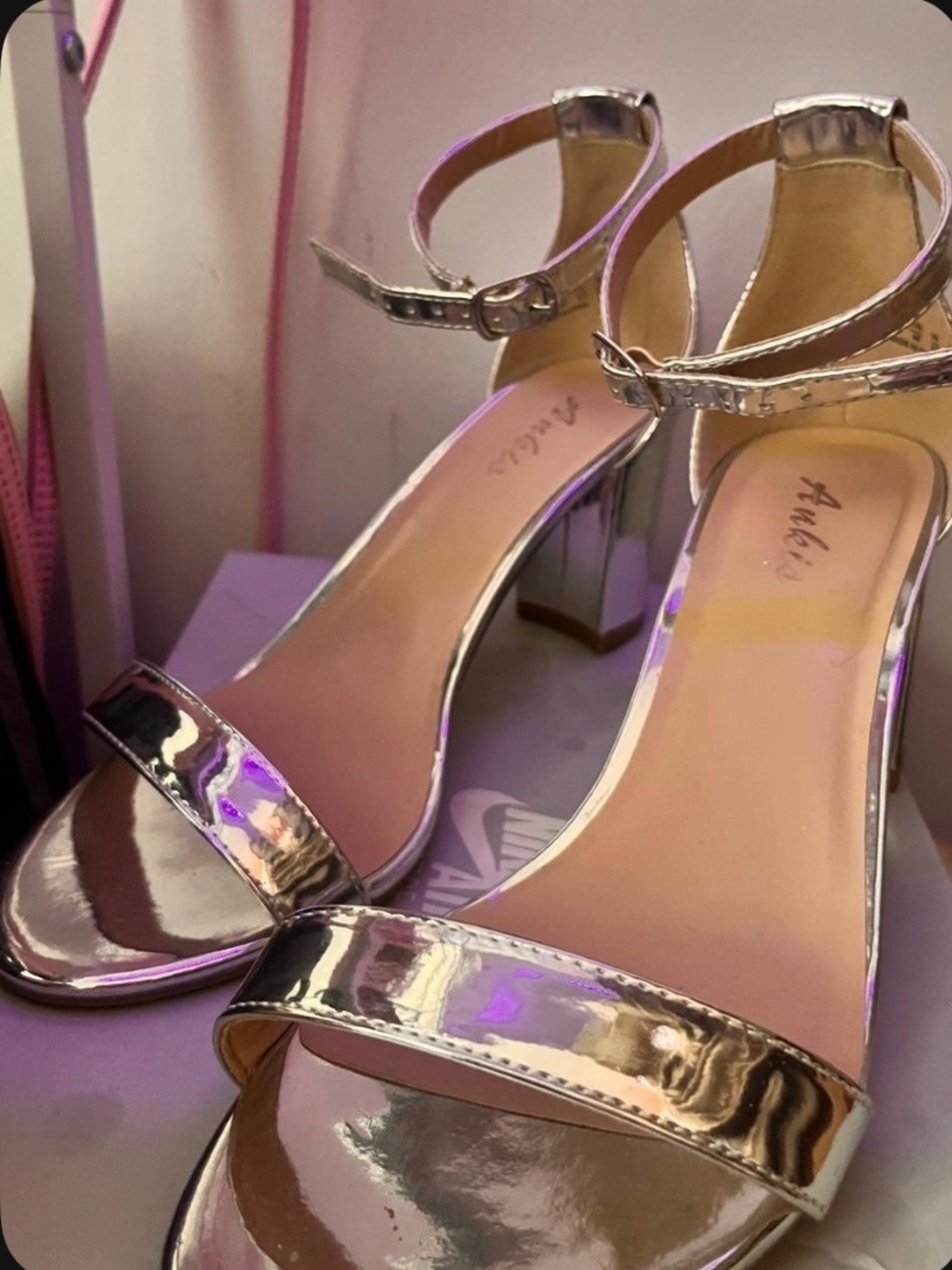 Metallic Silver Ankle Strap Block Heel Sandals